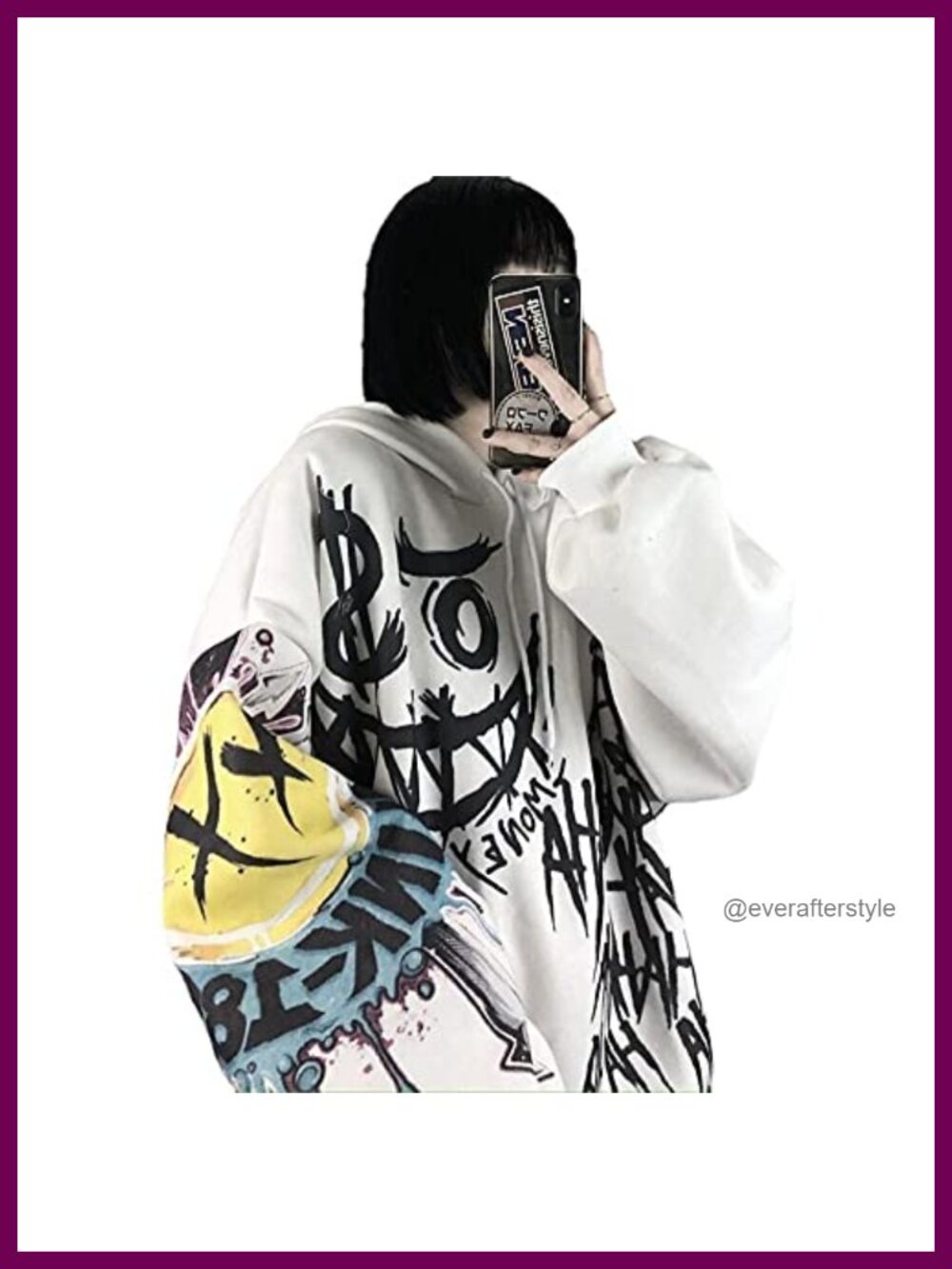 Gothic Hooded Pullover Sweater Velvet Lined Long Sleeve Doodle Print Kangaroo